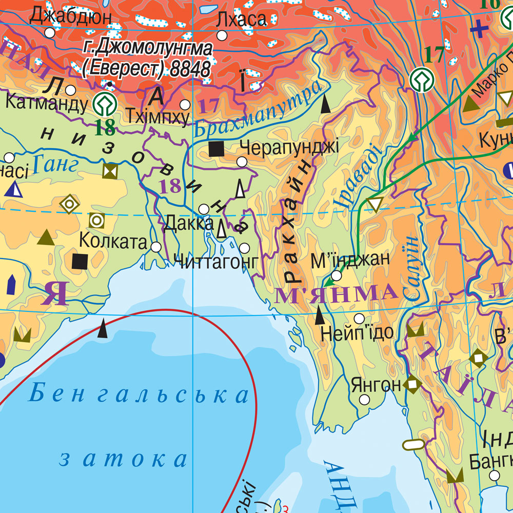 Карта Азії фізична 160x110 см М1: 8 000 000 ламінована