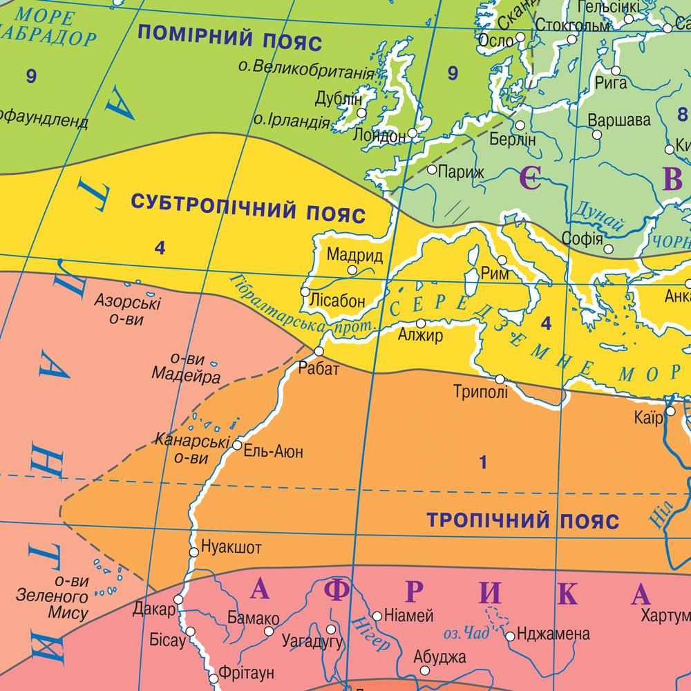 Карта кліматичні пояси та області світу 155x110 см М1: 22 000 000 банер